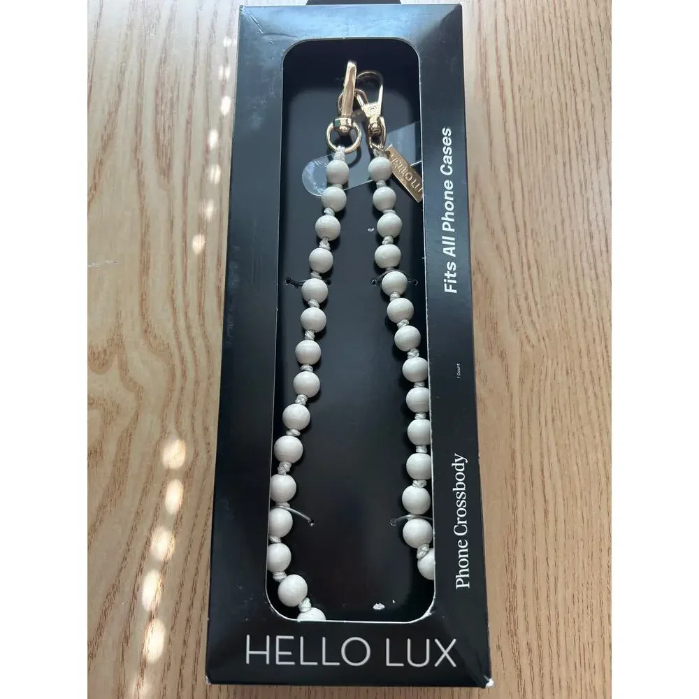 New Hello Lux Wood Bead Cell Phone Crossbody Strap Universal Off White